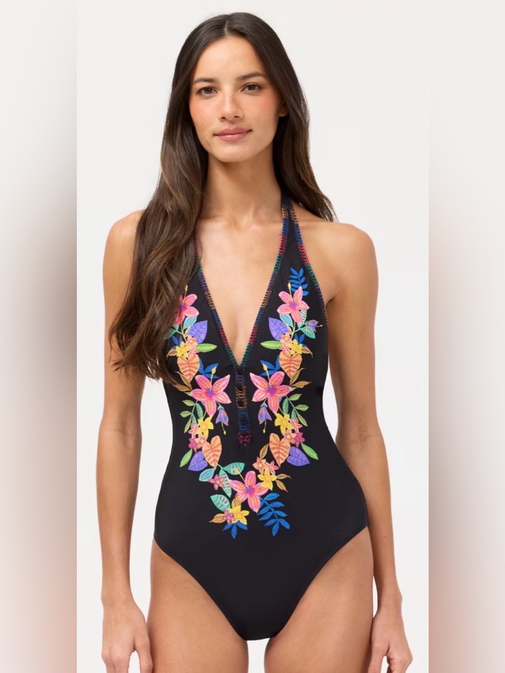 Johnny Was Black Halter One-Piece Swimsuit with Multicolor Floral Embroidery - Picture 2 of 6